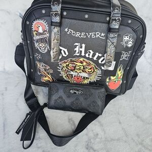 Ed Hardy Black HandBag And Wallet with Multicolor Tiger & Tattoo Graphic Prints